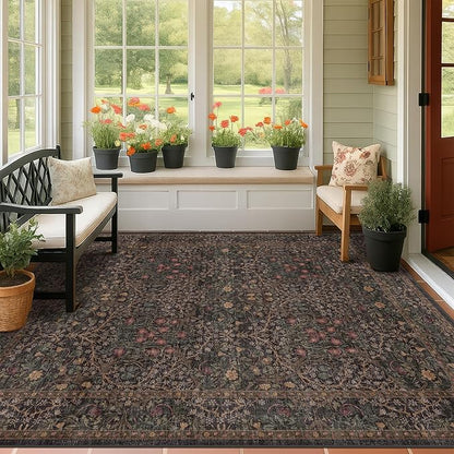 Dark Brown Washable 5x7 Area Rugs for Living Room, Non-Slip Soft Rugs for Bedroom, Dining Room, Home Office, Deep Olive Accent Floral Vintage Cottage Indoor Carpet Décor, Low Pile Stain Resistant