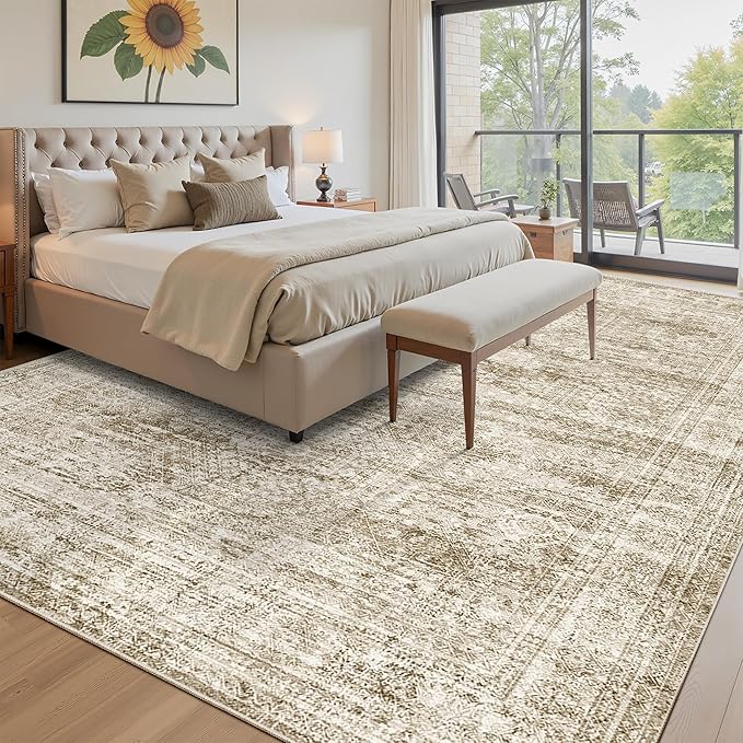 Washable Area Rug 8x10, Large Soft Rugs for Living Room Vintage Area Rugs for Bedroom Dining Room Non-Slip Stain Resistant Brown Under Table Rug