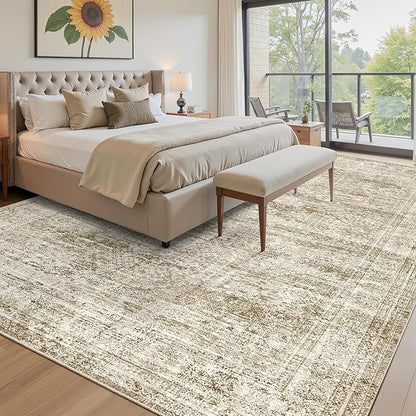 Washable Area Rug 8x10, Large Soft Rugs for Living Room Vintage Area Rugs for Bedroom Dining Room Non-Slip Stain Resistant Brown Under Table Rug