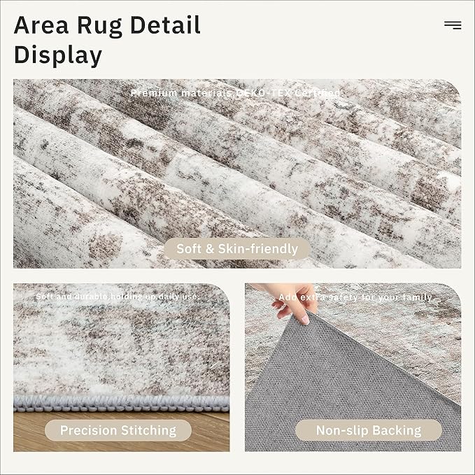 10x14 Area Rugs for Living Room, Non Slip Machine Washable Vintage Rugs, Low Pile Lightweight Large Rug for Bedroom, Dining Room, Home Office Pink/Grey
