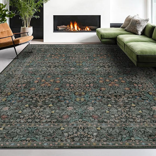 8x12 Area Rug for Living Room - Large Washable Rugs for Bedroom, Dining Room Under Table, Ultra Soft Low Pile Non-Slip Stain Resistant Carpet - Dark Green Vintage Floral Décor