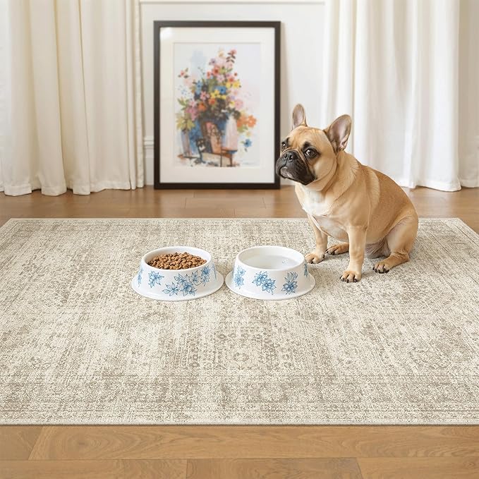 3x4 Rug, Small Area Rug for Kitchen, Entryway, Machine Washable Non-Slip Throw Rug, Vintage Carpet for Nursery Coffee Table Beige