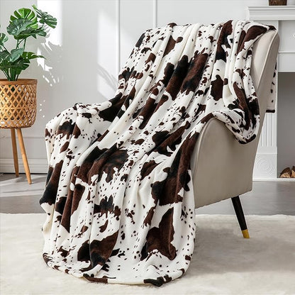 BEDELITE Cow Print Throw Blanket for Couch & Bed, 300GSM Cute Luxury Plush Cozy Fuzzy Blanket 50" x 60", Super Soft Warm Lightweight Throw Blanket for Travel Camping, Brown