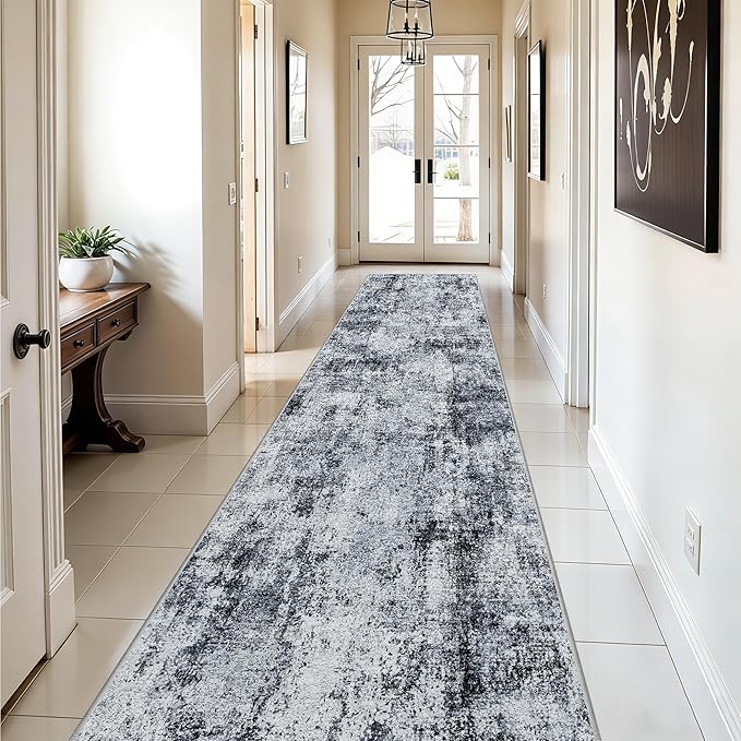 3x10 Washable Runner Rug for Hallway: Non Slip Runners Rugs Easy-to-Clean - Soft Living Room Bedroom Kitchen Carpet - Thin Low Pile Printed Floor Mat for Dining Room Black Grey