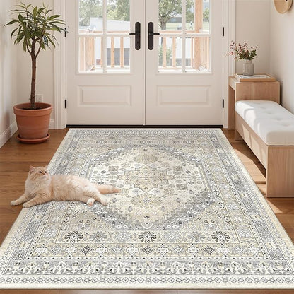 zesthome 4x6 Rug - Stain Resistant Washable Rug, Anti Slip Backing Rugs for Living Room, Foldable Vintage Small Area Rugs ((Beige,4'x6')