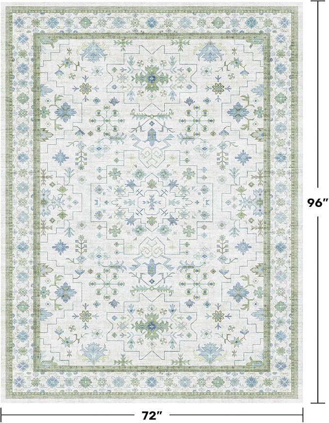 Hazo Haus Cream Oushak 6x8 Bedroom Rug - Boho Floral Cool Blue and Green, Washable Low Pile Non-Slip Ultra-Thin Large Area Rugs for Bed Room, Living Room