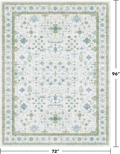Hazo Haus Cream Oushak 6x8 Bedroom Rug - Boho Floral Cool Blue and Green, Washable Low Pile Non-Slip Ultra-Thin Large Area Rugs for Bed Room, Living Room