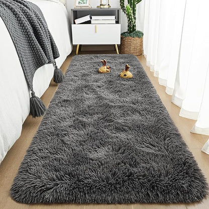 Tepook Fluffy Runner Rugs for Bedroom Aesthetic 2x6 Feet, Shag Soft Bedside Rug with Non-Slip Bottom, Fuzzy Plush Carpet for Room, Hallway Rug for Nursery Dorm Indoor Home Decor, Dark Grey