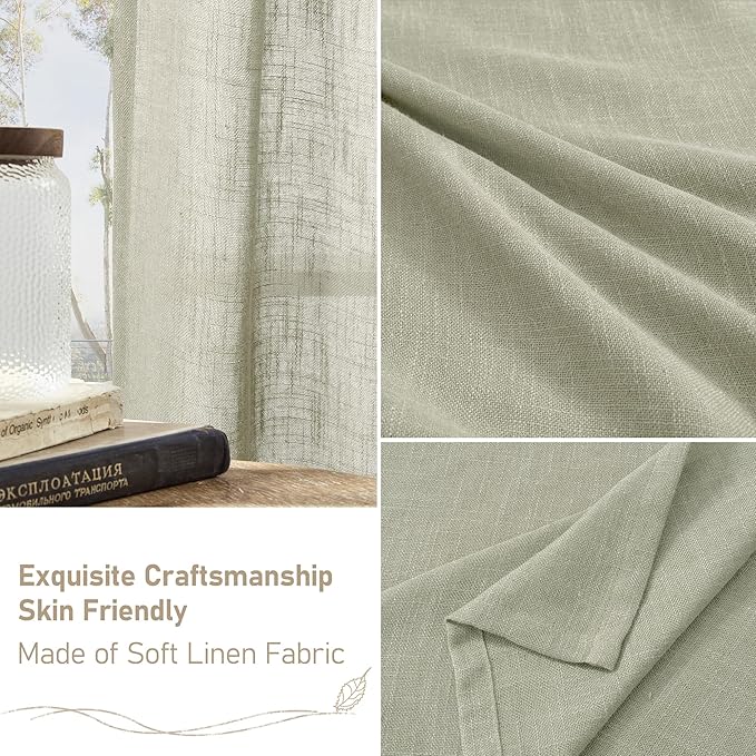 LAMIT Linen Curtains for Living Room 84 Inch Length, Bronze Grommet Light Filtering Semi Sheer Drapes Neutral Rustic Farmhouse Boho Panels for Bedroom, 2 Panels, Sage Grey, 52 x 84 Inch