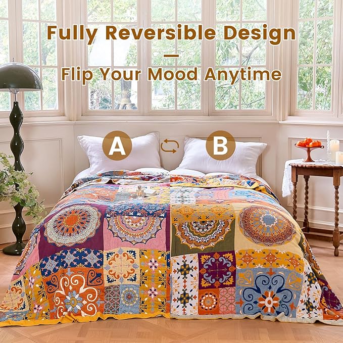 MSGKV Boho Throw Blanket for Bed 60"x80" 100% Cotton Couch Blanket Spring Breathable Lightweight Twin Size Blankets Home Decor Muslin All Seasons