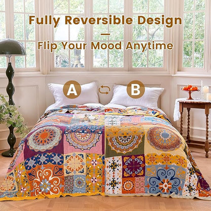 MSGKV Boho Throw Blanket for Bed 90"x108" 100% Cotton Blanket Spring Breathable Lightweight King Size Blankets Home Decor Muslin All Seasons