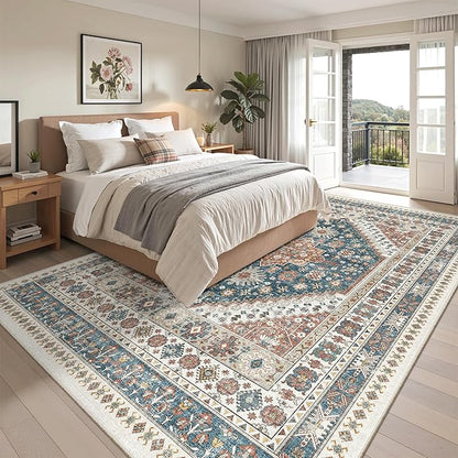 Madane Washable Rug 8x10 Area Rugs for Living Room, Ultra-Thin Non-Slip Backing Rug, Stain Resistant Vintage Large Area Rug for Bedroom (Navy Blue, 8'x10')