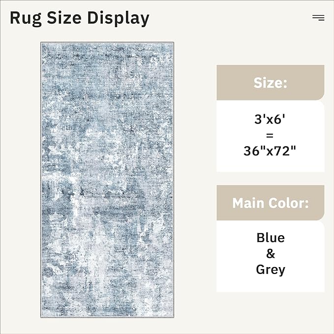 Runner Rug 3x6 Washable Non-Slip Kitchen Runner Rugs for Bathroom Laundry Room Blue/Grey Vintage Floor Carpet Runners for Hallway Entryway