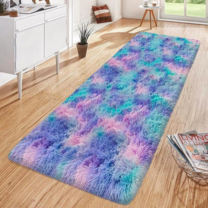 Super Soft Fluffy Living Room Area Rug 2x6 ft Purple Rainbow Tie-Dyed Shaggy Furry Carpet Washable Non-Slip Carpets Bedroom Bedside Nursery Rug Cute Colorful Room Decor for Girls