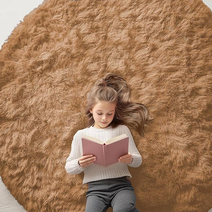 OLANLY Khaki Round Rugs for Bedroom - Machine Washable, 6 ft Circle Area Rugs for Living Room, Soft and Fluffy Shaggy Carpet for Teen Girl and Boys, Nursery Rooms, Dorms, Home Decor Aesthetic