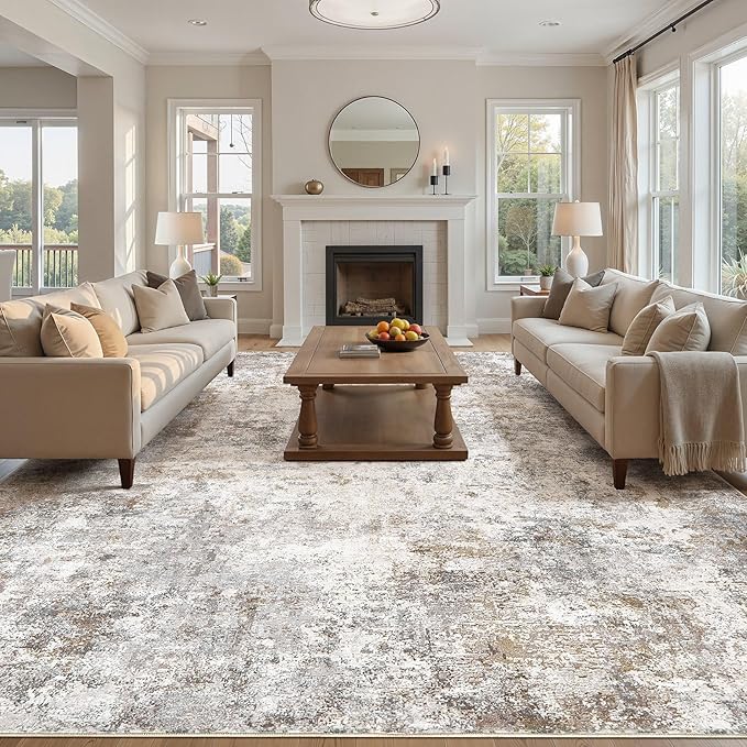 UERMEI 12x15 Area Rug Living Room Rugs - Washable Neutral Modern Abstract Soft Thin Large Rug Indoor Floor No Slip Rug Carpet for Bedroom Under Dining Table Home Office Decor - Brown Grey