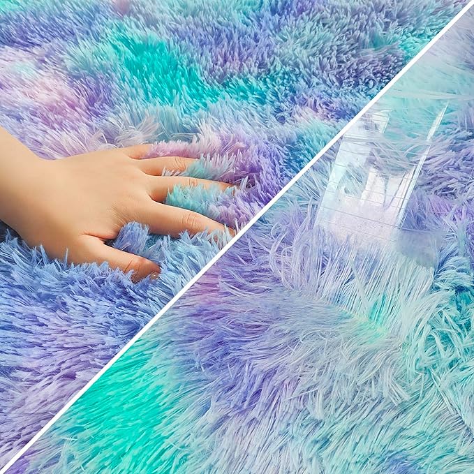 Small Area Rug for Bedroom 3x5ft Mini Tie-Dye Purple Rainbow Fluffy Rug Mat Bedside Throw Rug for Kids Room Boys Teens Nursery Baby Dorm Living Room Home Decor for Modern