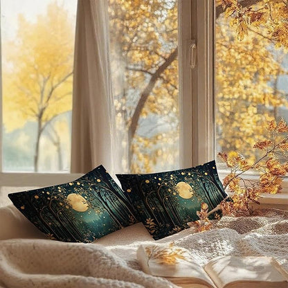 Rustic William Morris Inspired Night Moon Forest Decor Pillow Covers 18x18 Set of 2,Vintage Black and Gold Nature Landscape Botanical Decorative Throw Pillow Covers for Home Bedroom Living Room