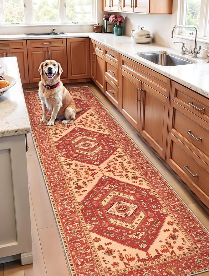 SERISSA Runner Rug for Hallways, 2'6"x8' Washable Non Slip Kitchen Runner Rug, Long Boho Rug Vintage Red Hallway Stair Ultra Soft Print Floor Carpet for Bedroom Bathroom Laundry Room