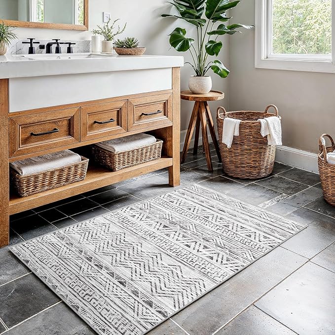 2x3 Washable Entryway Area Rug: Moroccan Small Runner Rug for Hallway Soft Modern Non Slip Door Mat with Rubber Backing Low Pile Thin Floor Carpet for Kitchen Bathroom Bedroom Indoor(Grey,2x3)