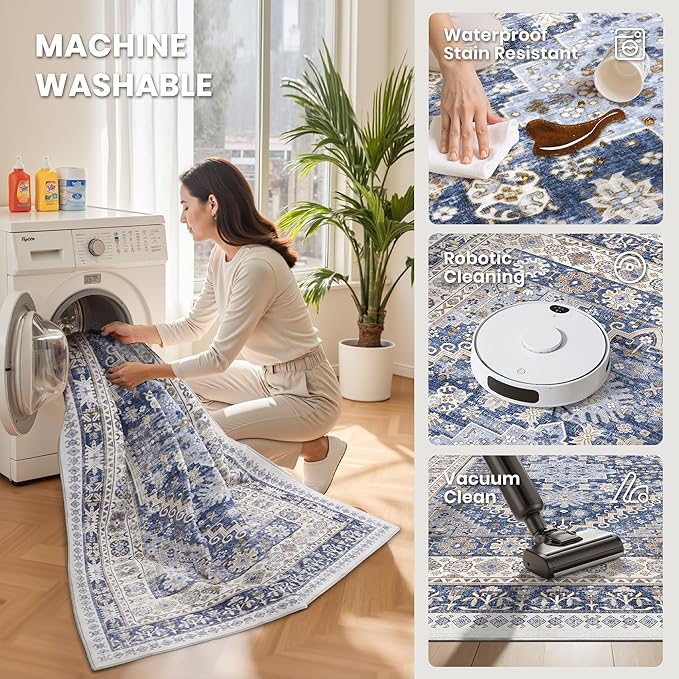 zesthome 8x12 Area Rugs,Stain Resistant Washable Rug,Ultra-Thin Rugs for Living Room,Bedroom,Non-Slip Backing Home Decor Large Area Rug (Blue/Beige,8'x12')