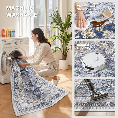 zesthome 3x5 Rug Ultra Soft Washable Rug, Non Slip Area Rug Indoor Entrance, Stain Resistant Rugs for Living Room Bedroom, Vintage Home Decor Area Rugs (Blue/Beige,3'x5')