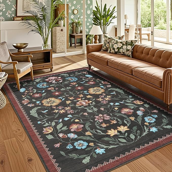 GarveeHome Washable Rug 3x5 Area Rugs for Living Room, Floral Rug for Bedroom, Soft Boho Non Slip Throw Rugs with Rubber Back, Low Pile Stain Resistant Vintage Floral Carpet for Dining Room, Red