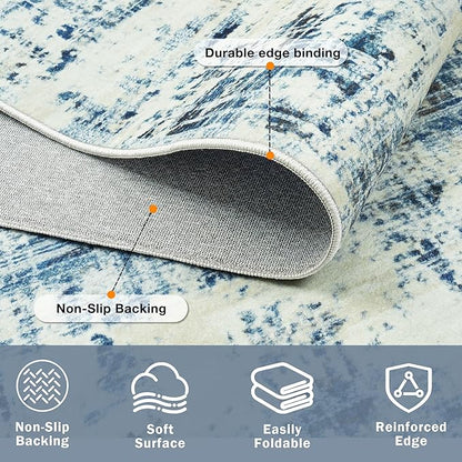 10x14 Area Rugs for Living Room Washable Rug: Anti-Skid Abstract Modern Living Room Rug Soft Thin Carpets Indoor Floor Non-Shedding Carpet for Bedroom Dining Farmhouse Nursery Blue Gray Gold