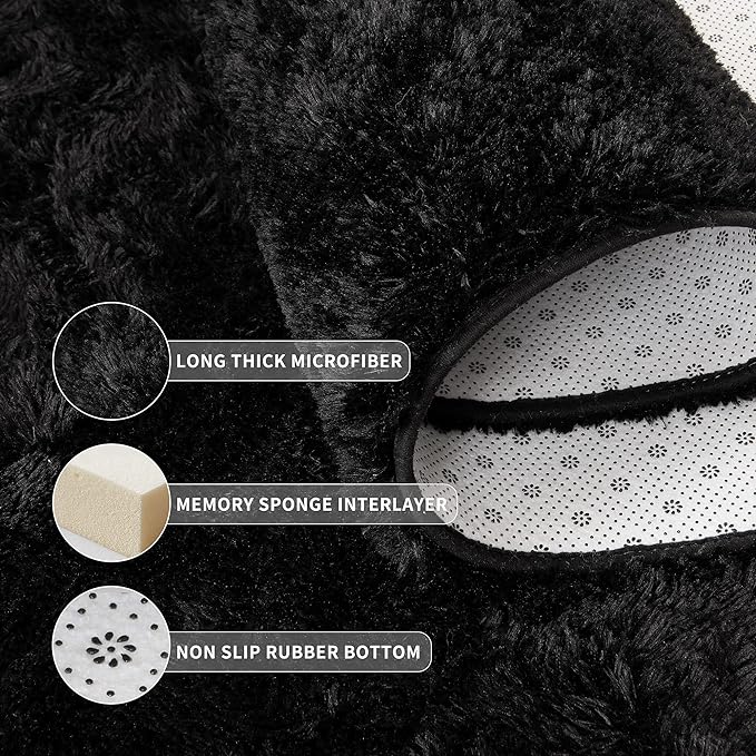 Tepook Soft Runner Rugs for Bedroom 2x6 ft with Rubber Backing, Black Fluffy Rugs for Living Room, Shag Bedside Rug Fuzzy Plush Carpet for Room, Area Rug for Dorm Nursery Hallway Indoor Home Decor