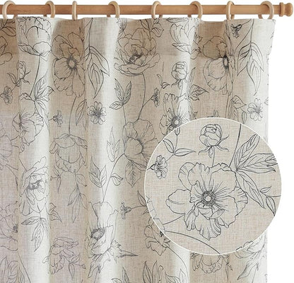 jinchan Floral Linen Curtains for Living Room 63 Inch Length Grey Flower Curtain Rod Pocket Back Tab Farmhouse Curtains with Printed Floral Bedroom Window Curtain Set, 2 Panels Gray