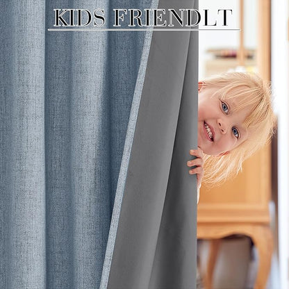 RYB HOME Smoky Blue 100% Blackout Linen Curtains 72 inch Long, Thermal Insulated & Privacy Assurd Drapes for Bedroom/Office/Nursery, Rod Pocket & Back Tab Window Treatment, W52 X L72, 2 Panels