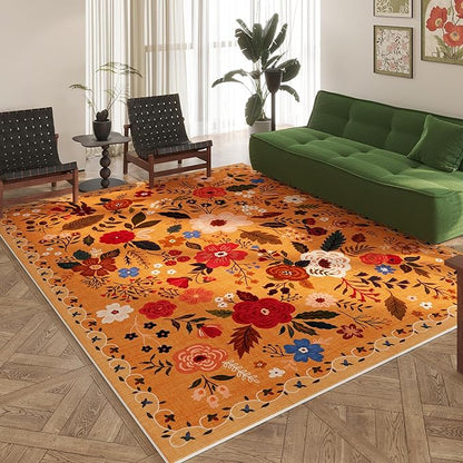Rugcomf Living Room Rug 6x9 Rug Machine Washable Boho Area Rug Non Slip Floral Vintage Low Pile Large Rug for Living Room, Bedroom, Farmhouse, Dining Room, Kids Playroom(Yellow)