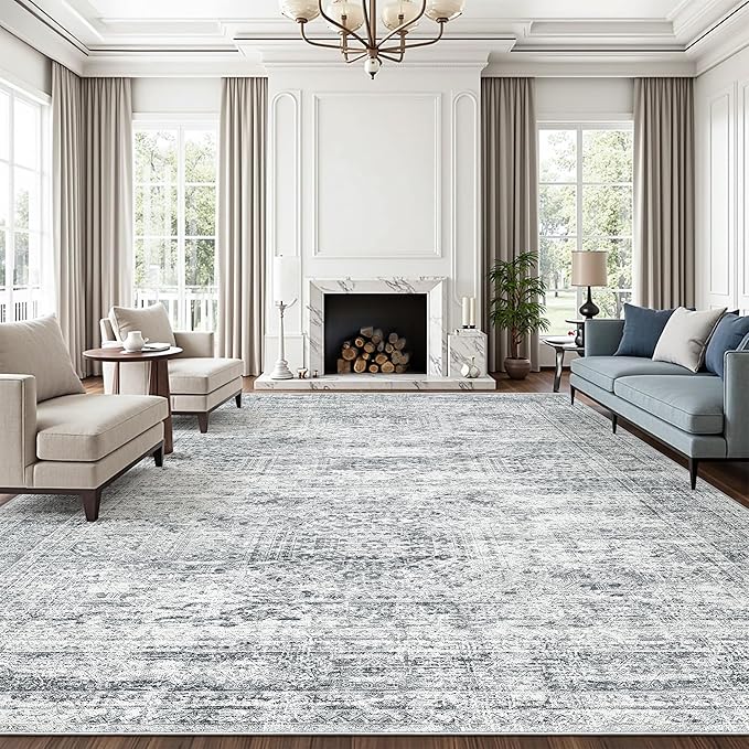 12x15 Washable Area Rug Gray Neutral Abstract Living Room Large Carpet Non Slip Bedroom Indoor Office Dining Room Low Pile Thin Grey Rug