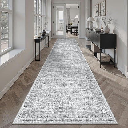 Runner Rug 2'6" x 12' Washable Non-Slip Runner Rugs for Kitchen Bathroom Laundry Room Vintage Ultra Thin Runners for Hallway Entryway Grey