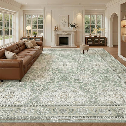 10x14 Area Rugs for Living Room, Non Slip Machine Washable Vintage Rugs, Low Pile Lightweight Large Rug for Bedroom, Dining Room, Home Office Green/Brown