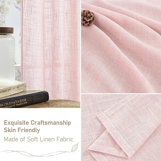 LAMIT Linen Curtains 90 Inch for Living Room, Back Tab and Rod Pocket Linen Textured Farmhouse Curtains Light Filtering Drapes for Bedroom/Dining Room, Pink, Set of 2, 52 x 90 Inch