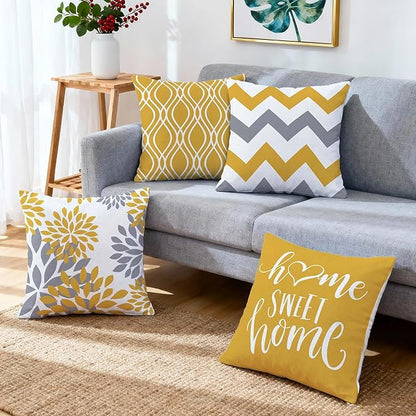 Hexagram Geometric Yellow Pillow Covers 18x18 Set of 4, Decorative Outdoor Boho Modern Throw Pillow Covers, Home Sweet Home Farmhouse Cushion Case for Couch Sofa Bedroom Indoor Decor(No Insert)