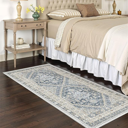 Runner Rug 2x6, Ultra-Thin Entryway Rug Non Slip Washable Rugs for Laundry Room, Runners for Hallways, Vintage Soft Rugs for Living Room, Kitchen, Bedroom(Blue/Beige,2'x6')