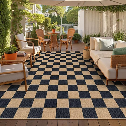 Lahome Colette Checkered Easy Jute 8x10 Rug, Washable Rugs for Living Room Office, Farmhouse Neutral Non Slip Non Shedding Stain Resistance Indoor Outdoor Carpet for Balcony Patio Classroom