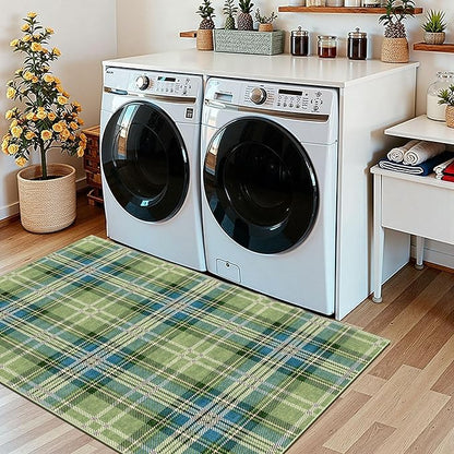 Buffalo Outdoor Rug - 28" x 43" Front Door Mat Indoor Outside Entrance Non-Slip Washable Outdoor Mat Green Teal Plaid Tartan Rug for Entryway Kitchen Bedroom Layered Doormat for Front Porch