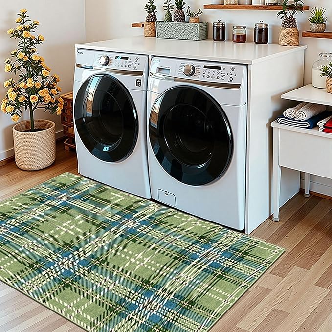 3x5 Buffalo Entry Rug - Small Washable Indoor Outdoor Mats for Front Door Non-Slip Porch Rug Green Teal Plaid Tartan Throw Rugs for Living Room Bedroom Entryway Kitchen Office Porch Decor