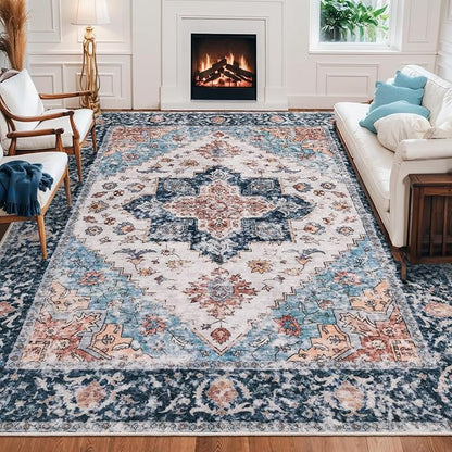 SERISSA Boho 8x10 Area Rugs, Washable Vintage Large Living Room Rug Non-Slip, Ultra Soft Oriental Print Distressed Tribal Farmhouse Blue Orange Carpet for Dining Room Bedroom Dorm Office Home Decor