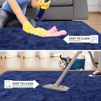 Tepook Fluffy Large Rugs for Living Room, Shag Area Rug 6x9 Soft Carpet for Bedroom, Modern Shaggy Rug for Kids Boys Girls, Plush Indoor Nursery Home Decor Rug with Non-Slip Bottom, Navy, 6 X 9 Feet