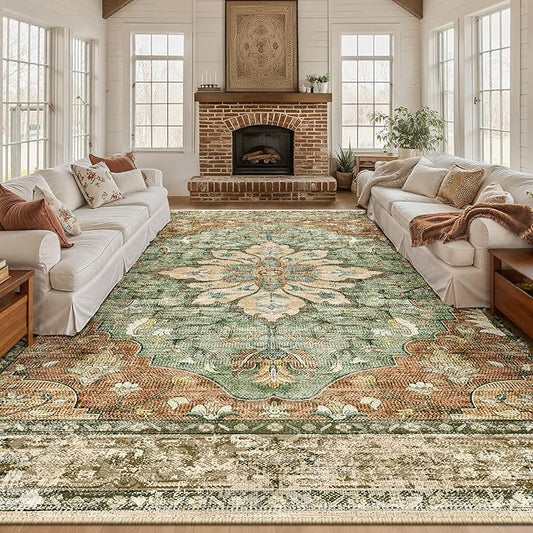 Area Rugs 9'x12' Washable Non-Slip, Floral Vintage Distress Print Pattern Medallion Carpet for Living Room Bedroom Dining Room, Brick Red Rust Neutral Brown Burnt Orange Green