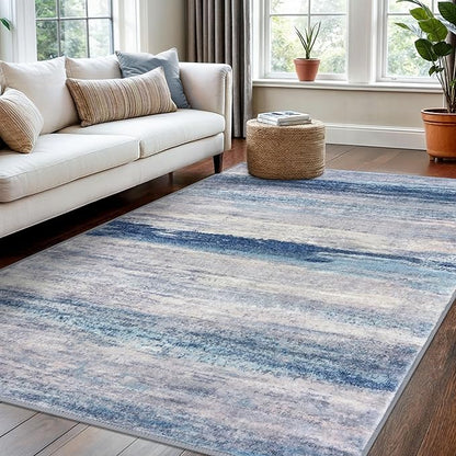 KOZYFLY 4x6 Area Rug Modern Abstract Washable Large Rugs for Entryway Non-Slip Soft Living Room Rug, Print Blue/Grey/Beige Throw Rugs Indoor Mat for High-Traffic Door Entrance, Nursery, Bedroom
