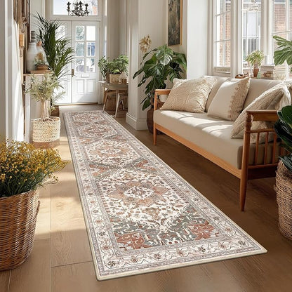 Yamaziot Washable Runner Rug, 2x10 Non-Slip Boho Vintage Hallway Rug Runner with Rubber Backing, Low Pile Faux Wool Distressed Carpet Runner for Bedroom, Kitchen, Laundry, Entrance, Ginger Grey