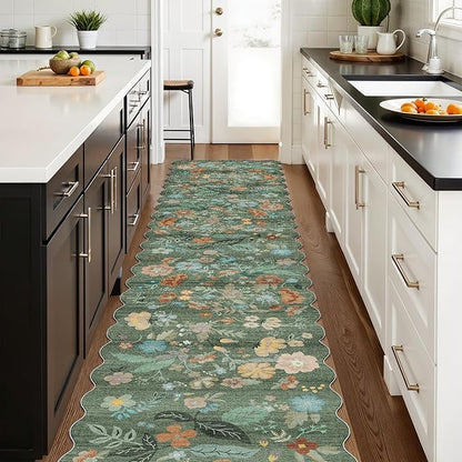 Washable 2'6x12 Hallway Runner Rug: Soft Entryway Kitchen Floral Runners Non Slip Water Resistant Nursery Bathroom Floor Mat Light Weight Carpet for Living Room Bedroom (2'6x12 Floral/Green)