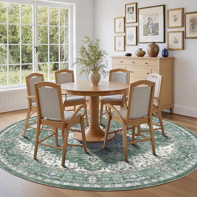 AMADA HOMEFURNISHING Round 6ft Area Rugs, Blue Low-Profile Washable Rug with Non-Slip Backing & Durable Edge Binding, Vintage Rugs for Living Room, Bedroom, Dinning Room