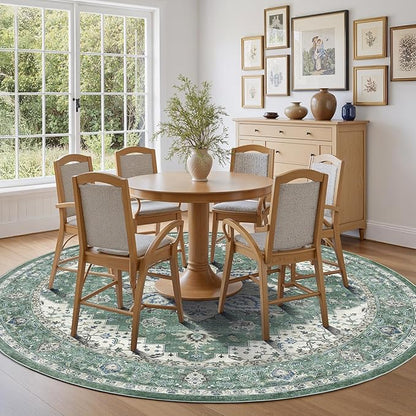 AMADA HOMEFURNISHING Round 6ft Area Rugs, Blue Low-Profile Washable Rug with Non-Slip Backing & Durable Edge Binding, Vintage Rugs for Living Room, Bedroom, Dinning Room
