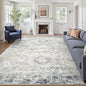 10x14 Area Rugs for Living Room, Non Slip Machine Washable Vintage Rugs, Low Pile Lightweight Large Rug for Bedroom, Dining Room, Home Office Blue Ivory